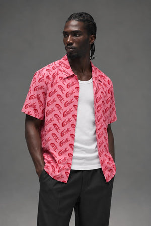 AI model photo - Lacoste Men's Short Sleeve Vintage Print Shirt Lighthouse Red/Reseda CH5793 AY1