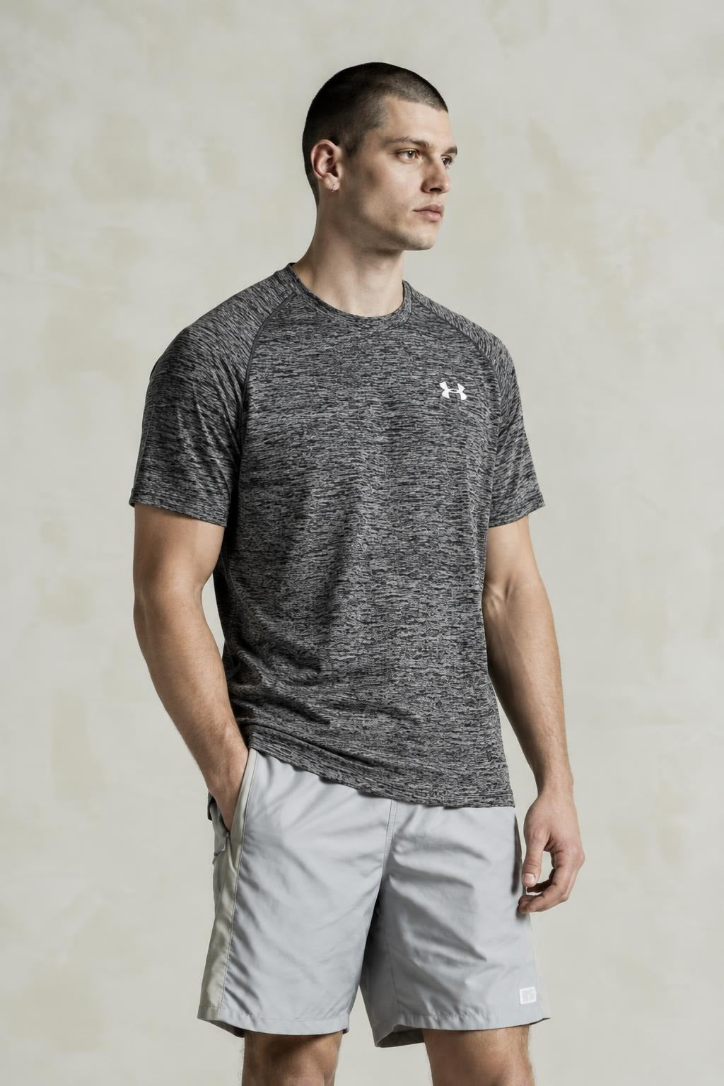 AI model photo - Under Armour Mens Tech Short Sleeve T-Shirt Black/White 1228539-009