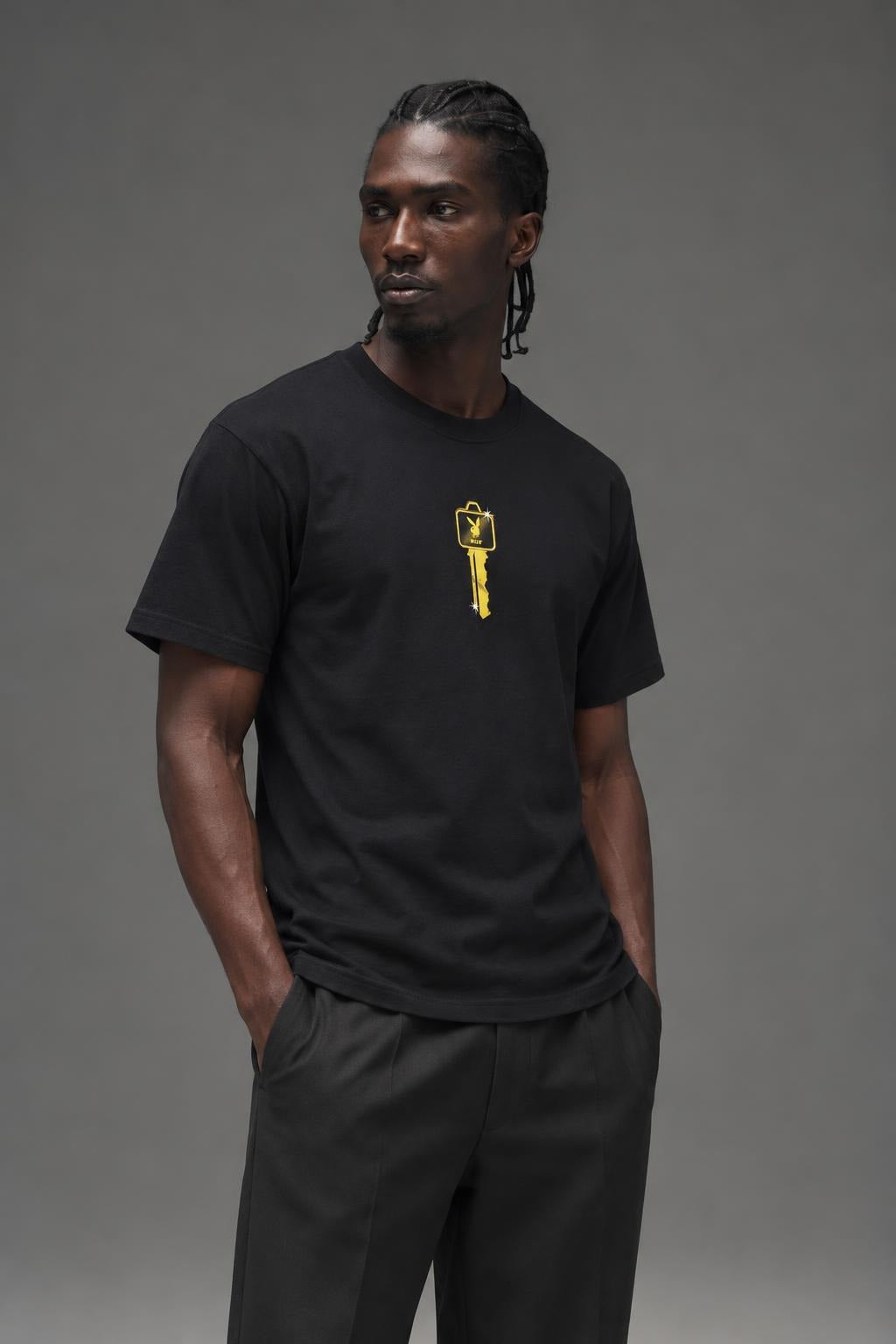 AI model photo - HUF X Playboy Club Key Short Sleeve Tee Black TS01464
