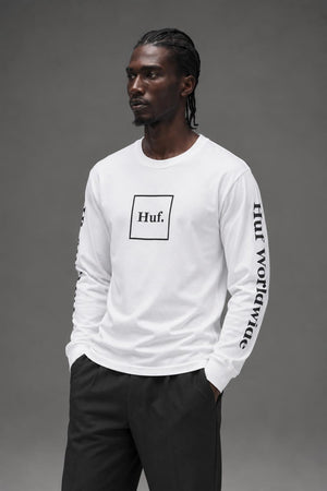 AI model photo - HUF Essentials Domestic L/S Tee White TS00146