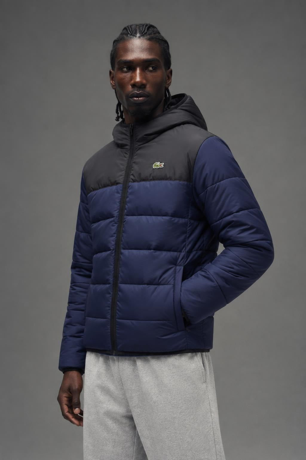 AI model photo - Lacoste Men’s Water-Repellent Quilted Puffer Jacket Navy/Black BH6763-51 JB1