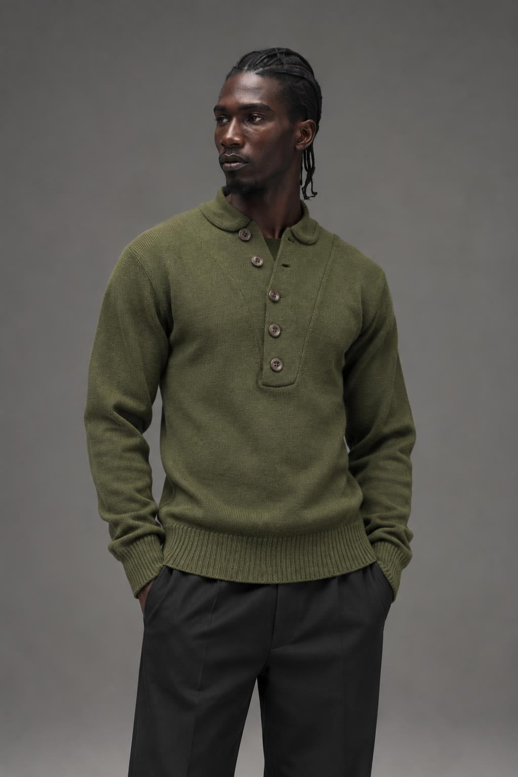 AI model photo - Rothco G.I. Style 5-Button Acrylic Sweater Olive Drab 6368 6369