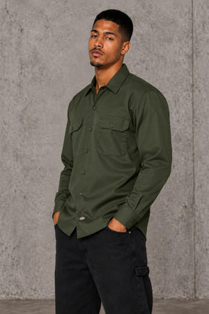 AI model photo - Dickies Men's Long Sleeve Work Shirt Olive Green 574OG