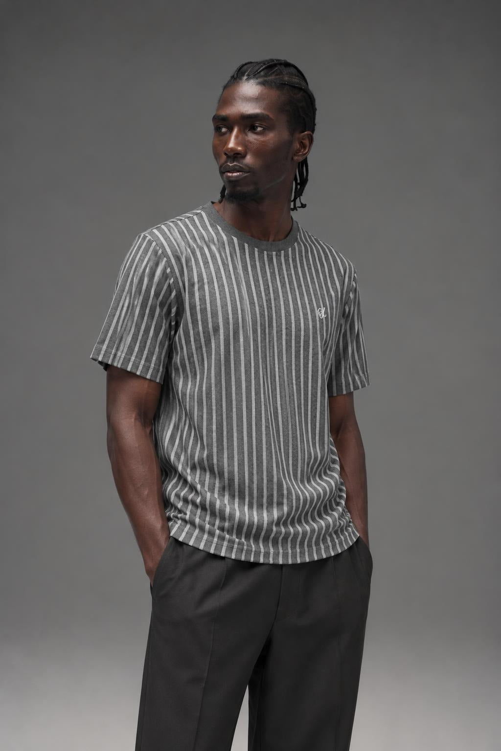 AI model photo - HUF Overdyed Vert Stripe T-Shirt Harbor Grey KN00186