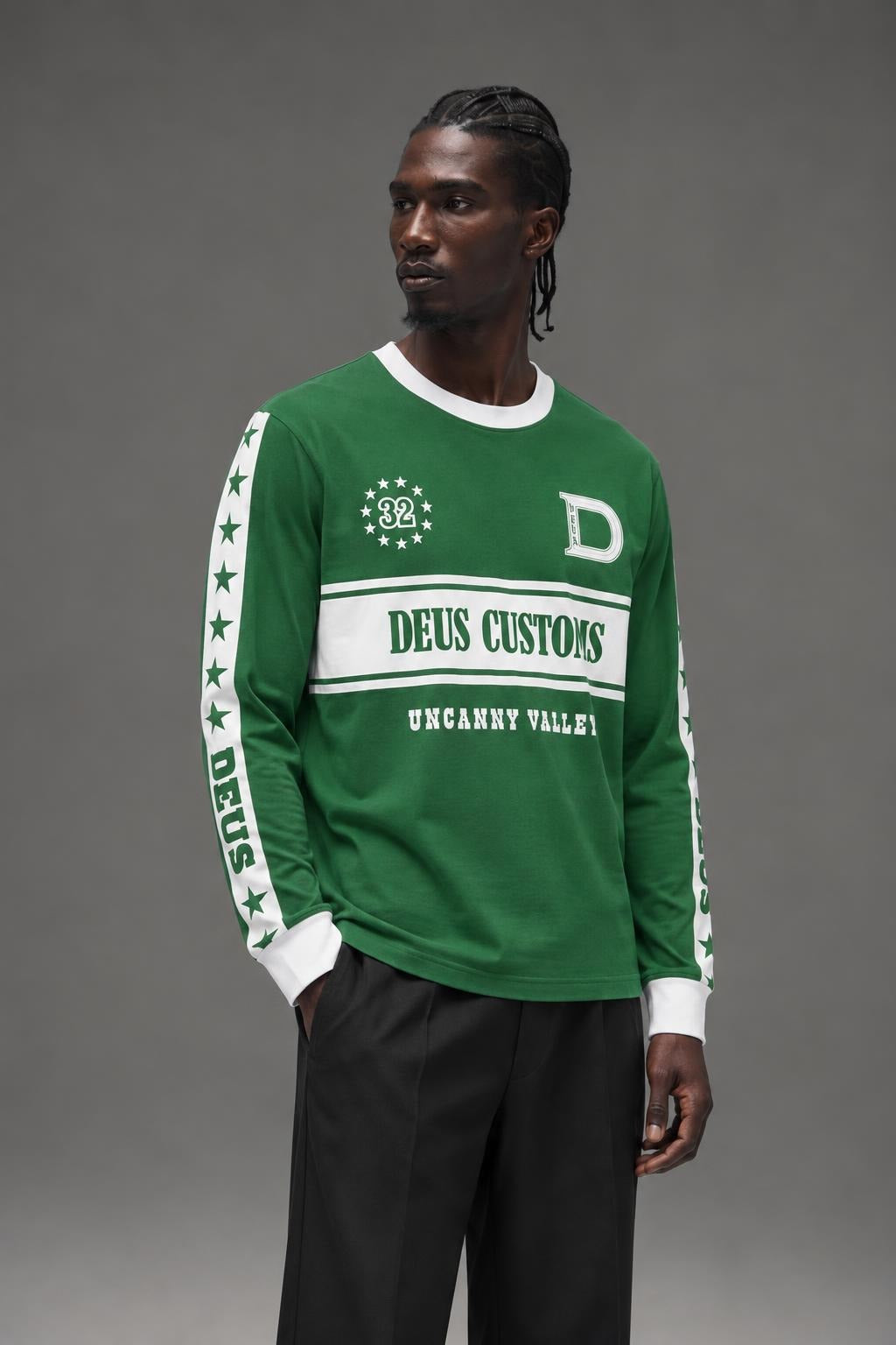 AI model photo - Deus EX Machina Men's Round Up Long Sleeve Tee Hillside Green DMF241547 HLG