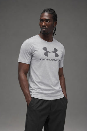 AI model photo - Under Armour Mens Sportstyle Logo T-Shirt True Gray Heather/Black/Graphite 1257615-025