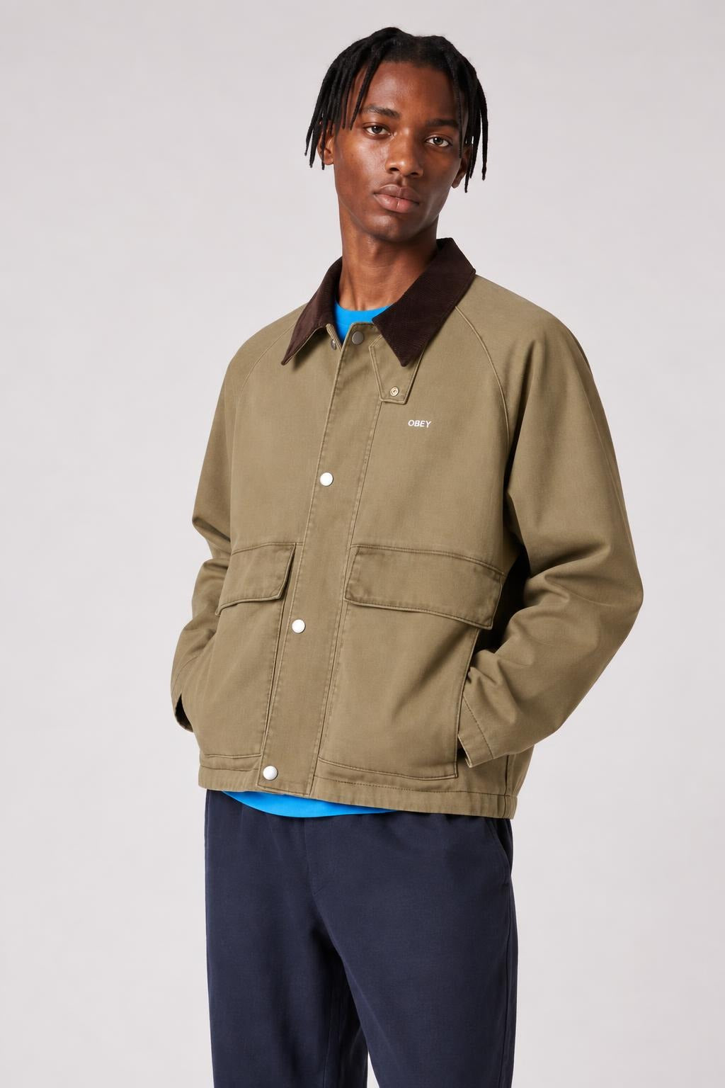 AI model photo - OBEY Caden Work Jacket Mermaid Faded Wash 121800596 MMD