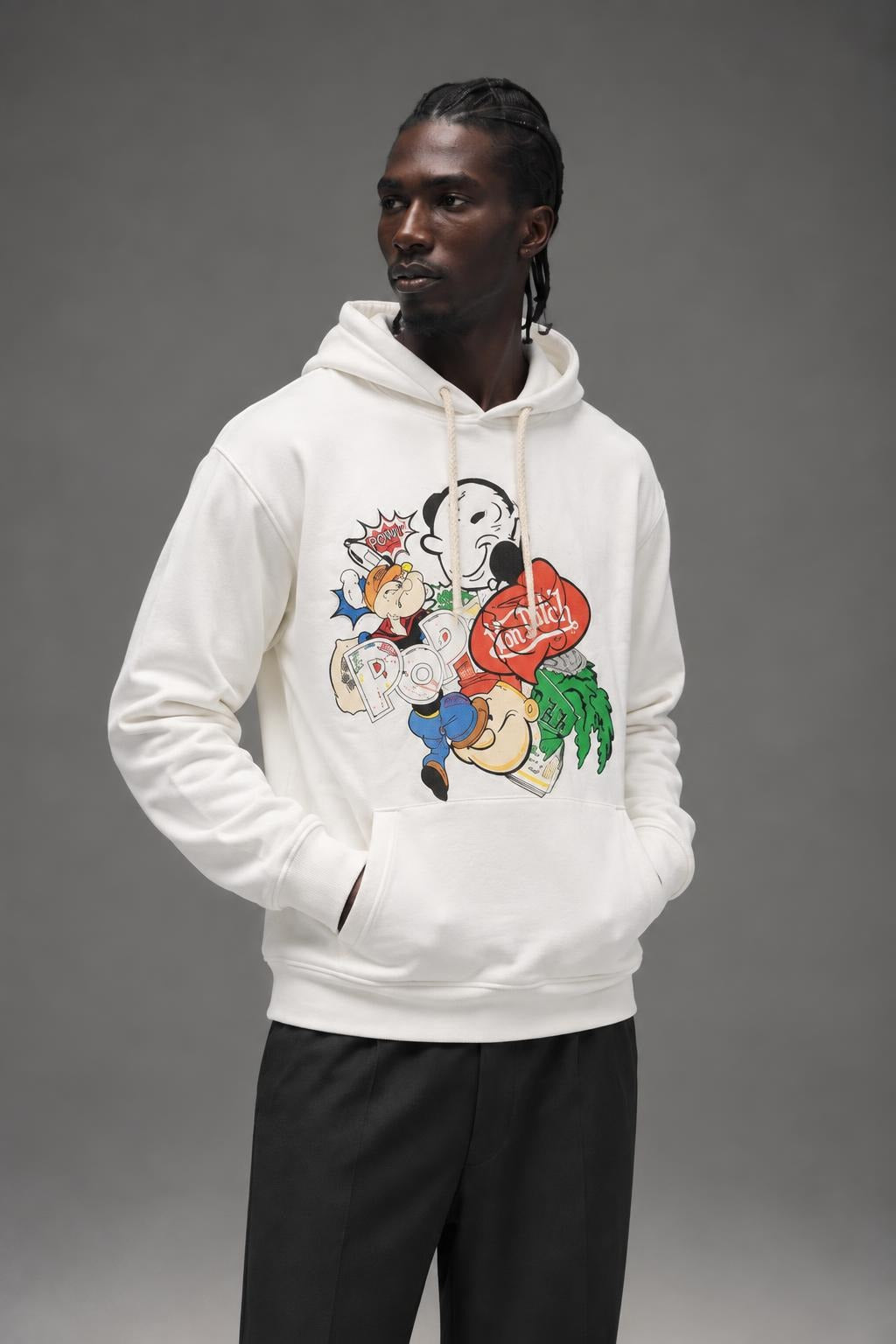 AI model photo - Von Dutch Mens Popeye Character Cotton Fleece Hoodie Off White FM167V