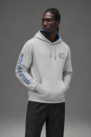 AI model photo - Champion Powerblend Fleece Graphic Hoodie Oxford Grey/Valiant Blue GF89H 586MLA AW4M