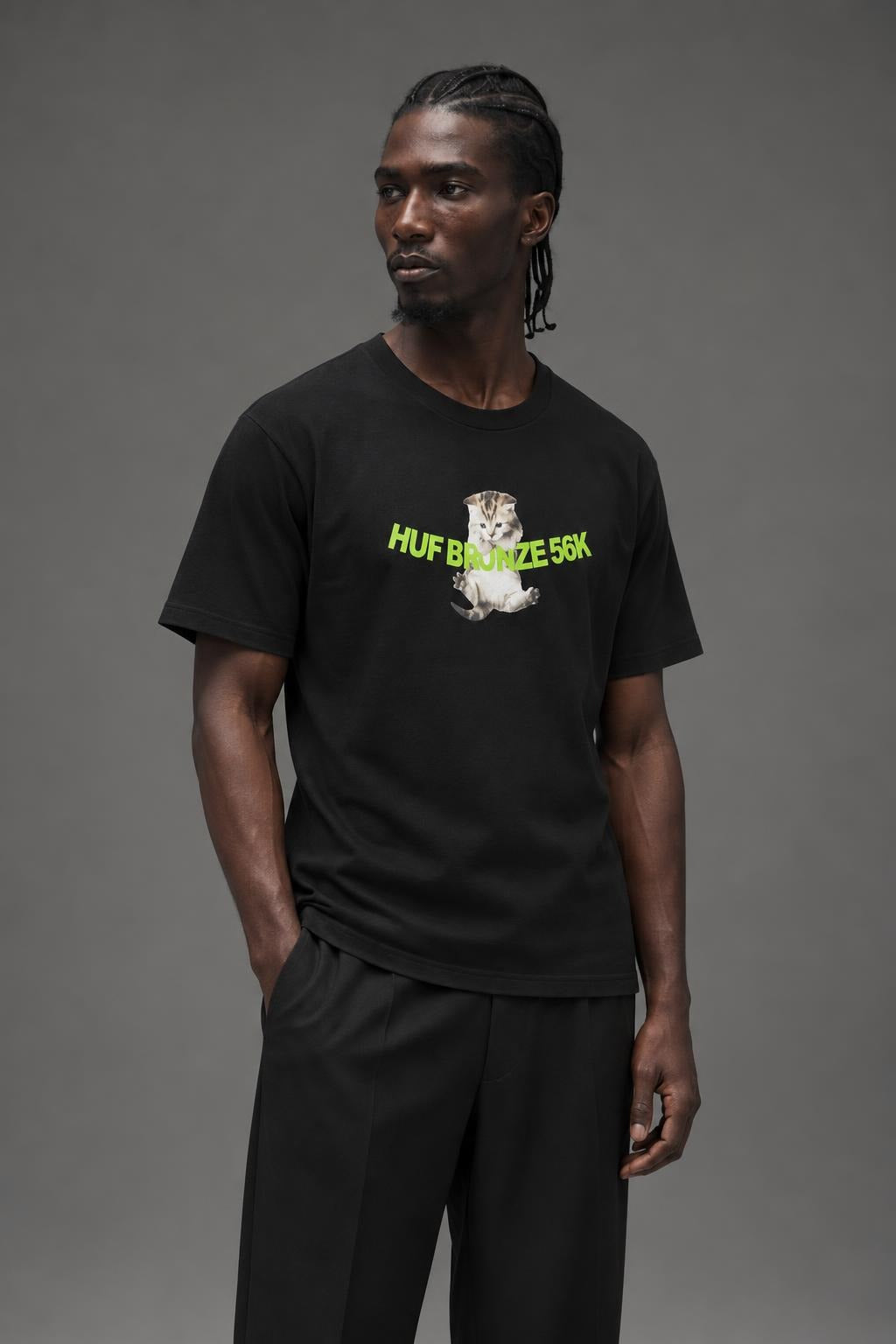 AI model photo - HUF x Bronze 56k Hang In There T-Shirt Black TS02476 BLK