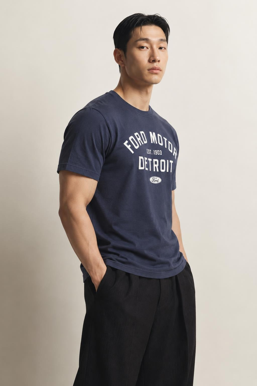 AI model photo - American Needle Red Jacket Mens Ford Motor Detroit BT2 Brass Tacks T-Shirts Navy RJ801F-FORD