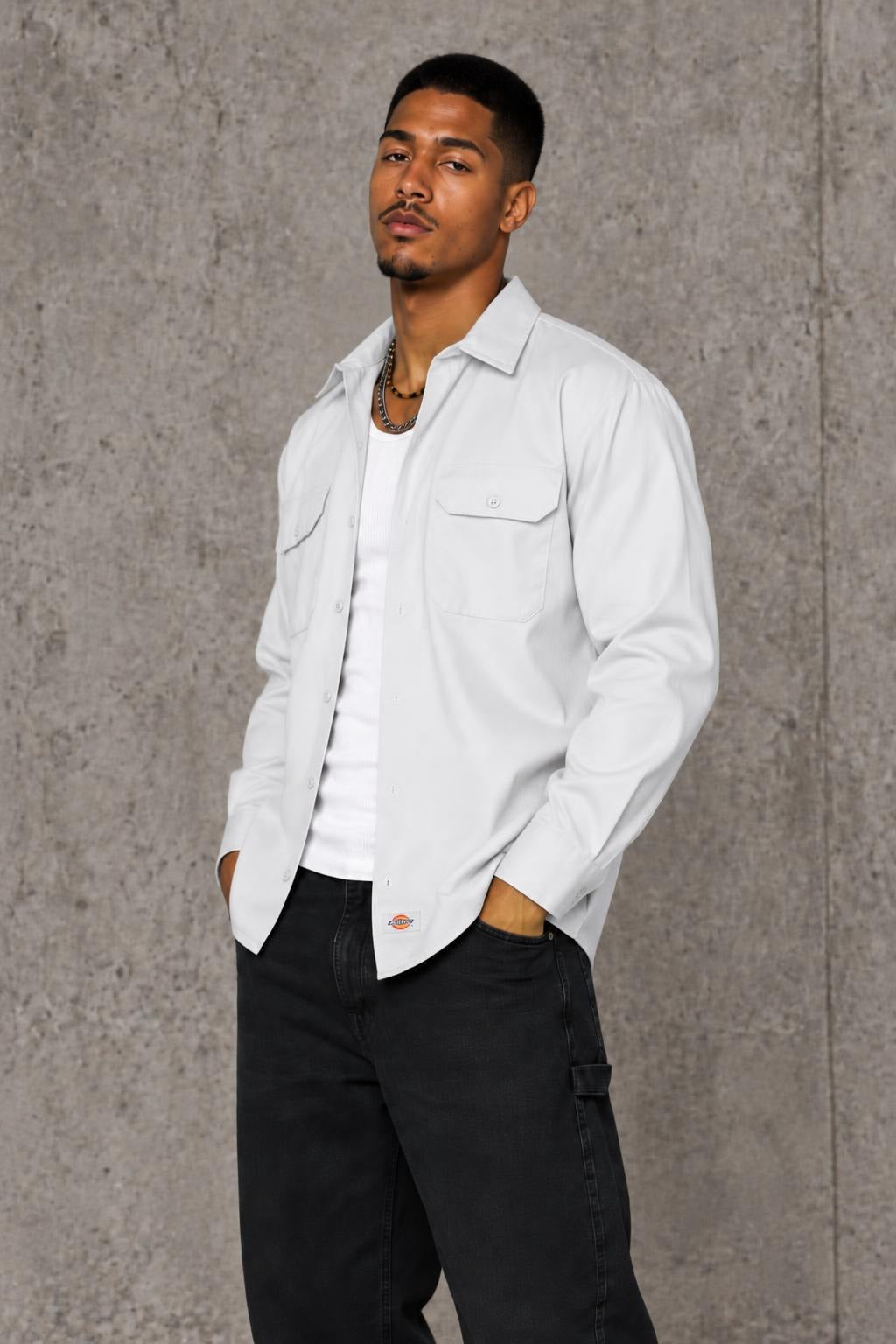 AI model photo - Dickies Men's Long Sleeve Work Shirt White 574WH