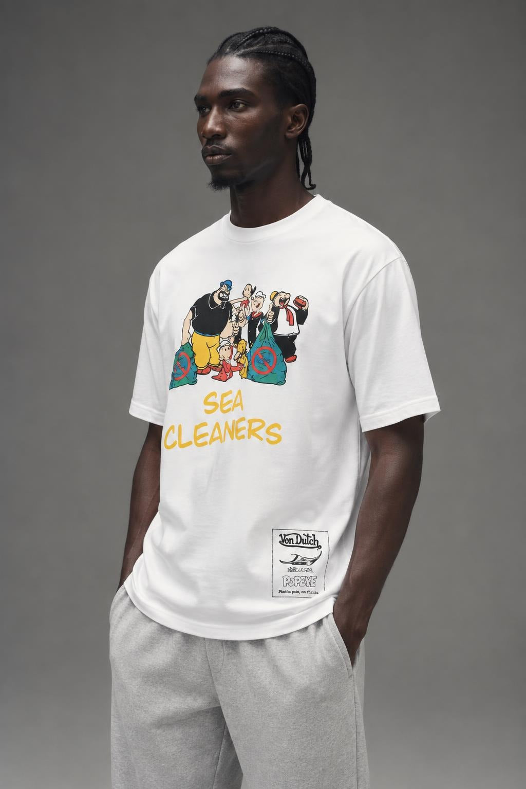 AI model photo - Von Dutch Mens Popeye Character Cleanup Organic Cotton T-Shirt Off White TM147V