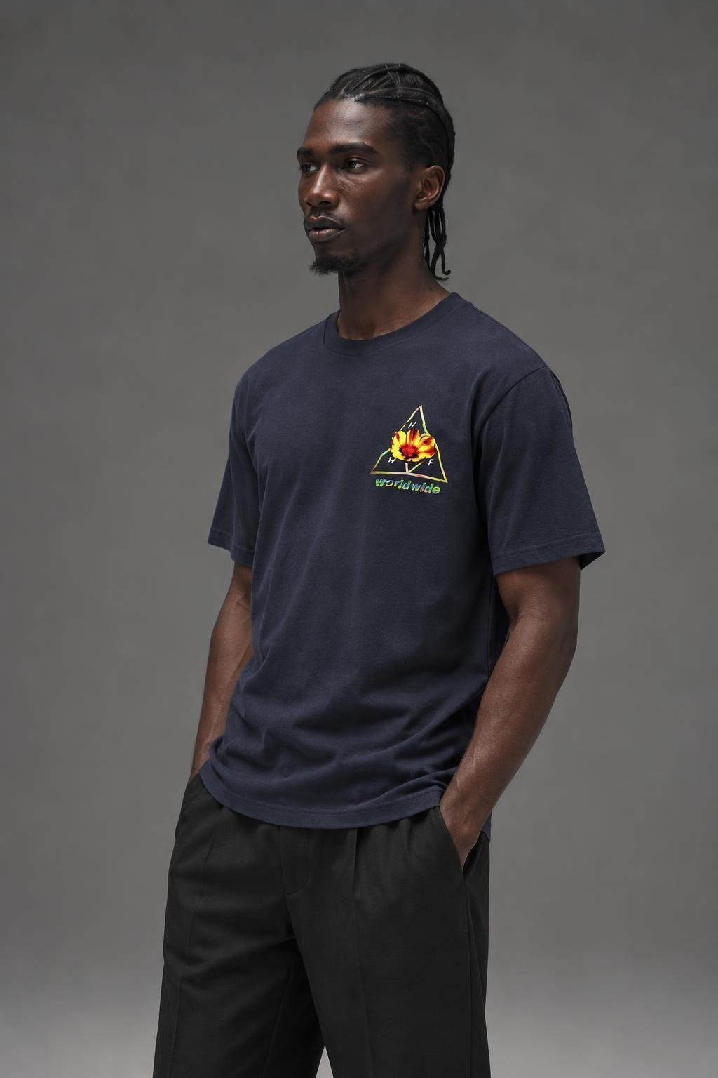 AI model photo - HUF Come Down Triple Triangle T-Shirt French Navy TS01171