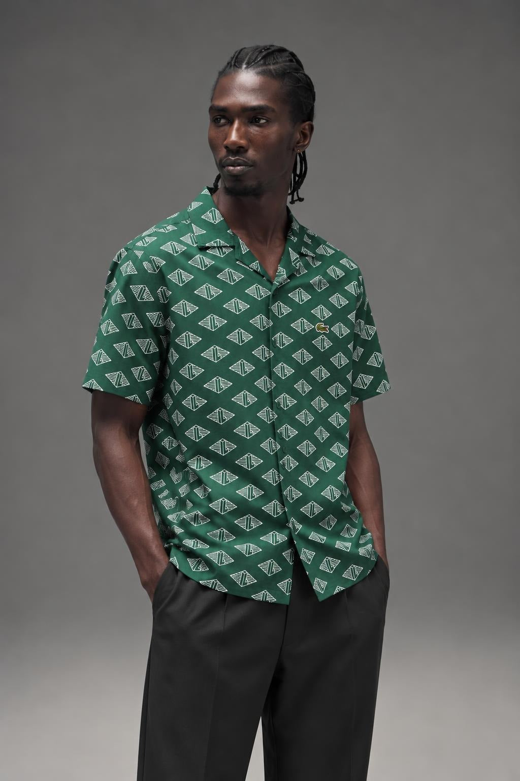 AI model photo - Lacoste Mens Short Sleeve Monogram Print Shirt Green/Flour CH7882 YRR
