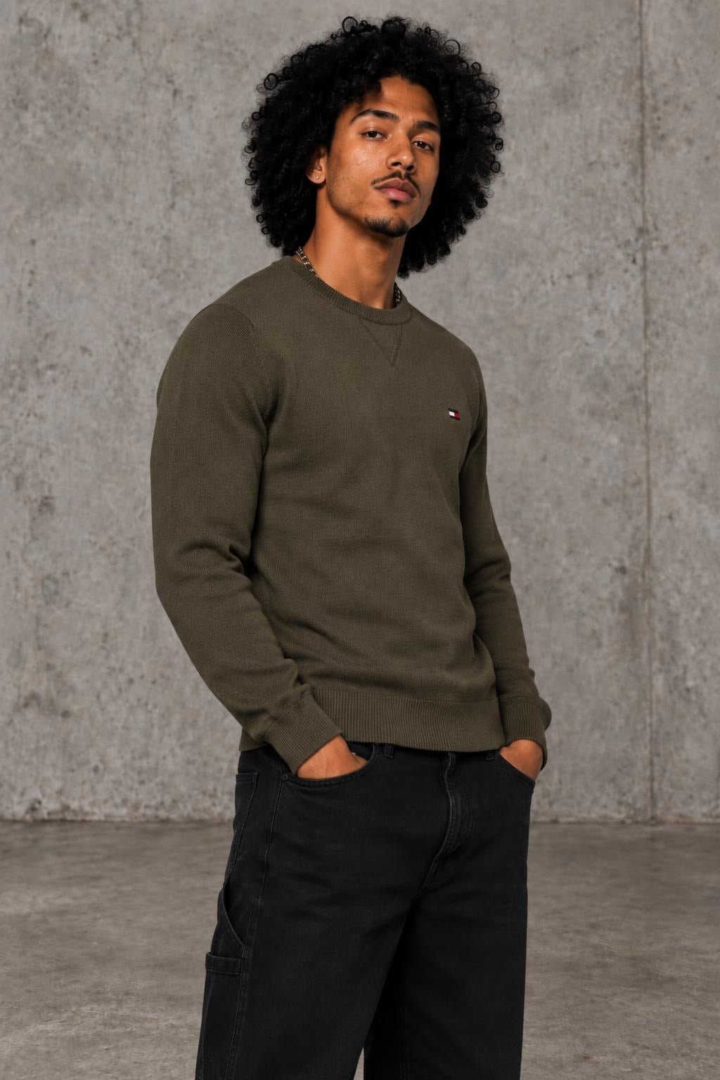 AI model photo - Tommy Hilfiger Men's Signature Solid Crew Neck Sweater Army Green 78J0478 701