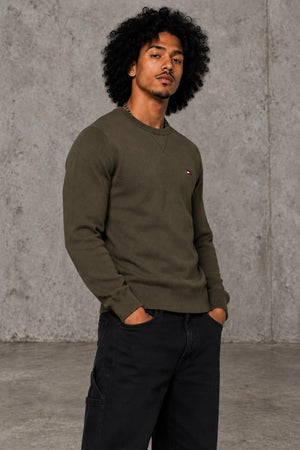 AI model photo - Tommy Hilfiger Men's Signature Solid Crew Neck Sweater Army Green 78J0478 701