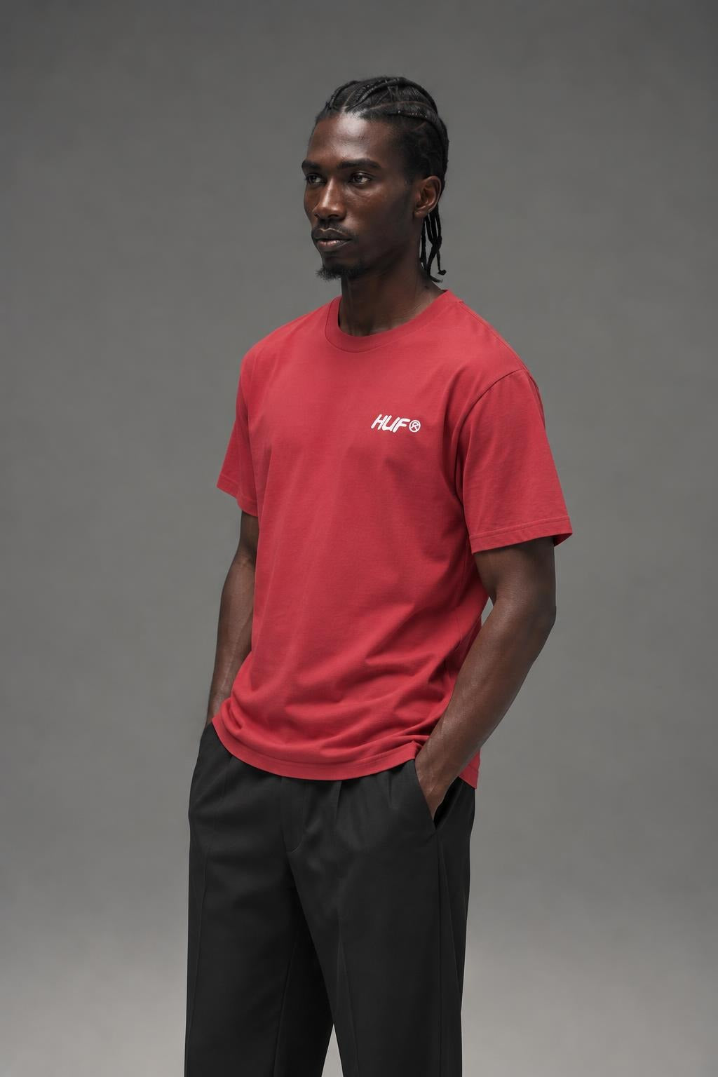 AI model photo - HUF I Feels Good S/S Tee Red TS01349