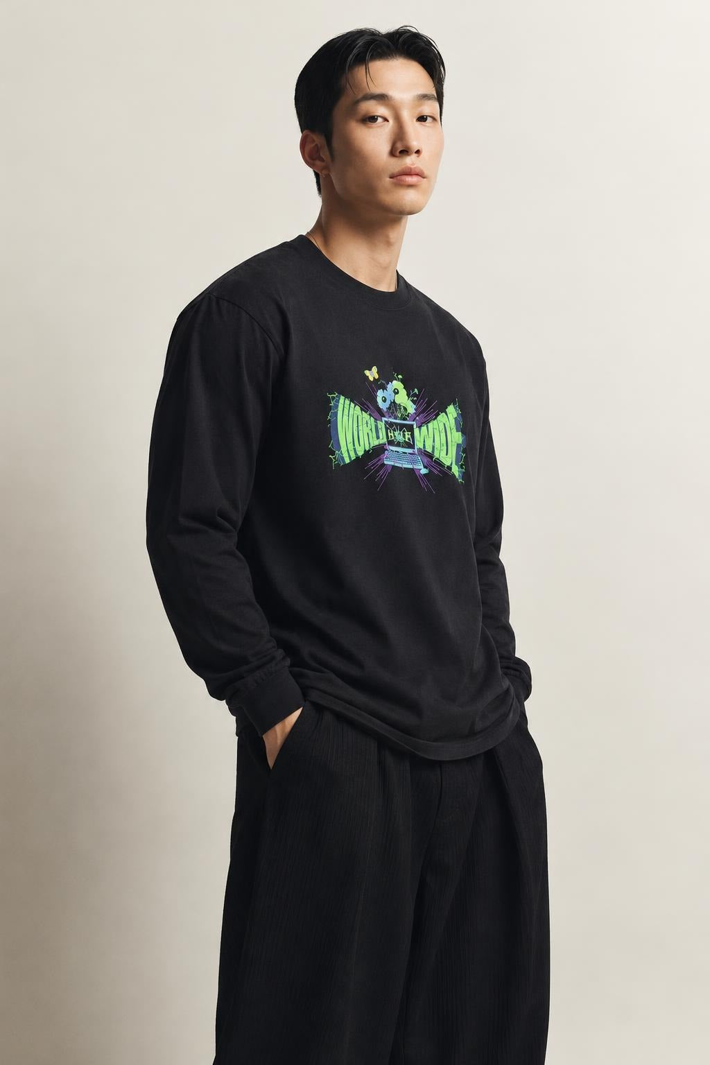 AI model photo - HUF Mens Off-Line L/S Tee Black TS01493