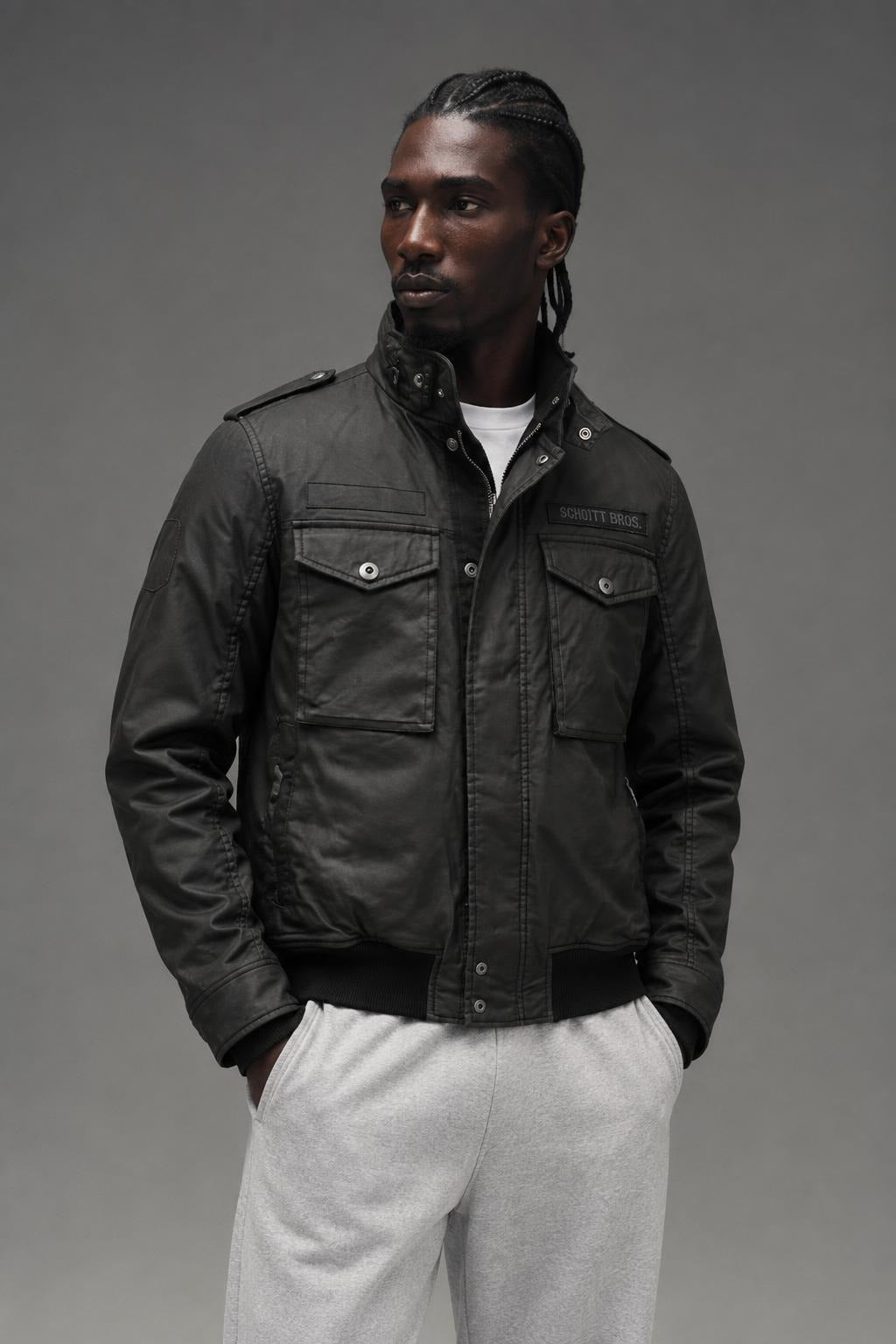 AI model photo - Schott NYC Waxed Security Jacket Black 91070