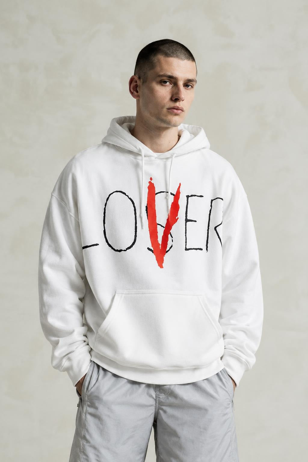 AI model photo - Urban Outfitters Men's Lover Loser Puff Print Hoodie Sweatshirt Wht/Blace 53416590 U1