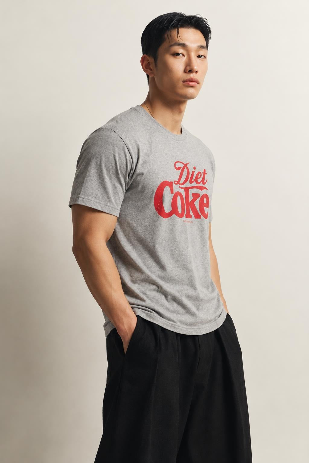 AI model photo - American Needle Red Jacket Mens Diet Coke BT2 Brass Tacks T-Shirts Heather Grey RJ801F-COKE