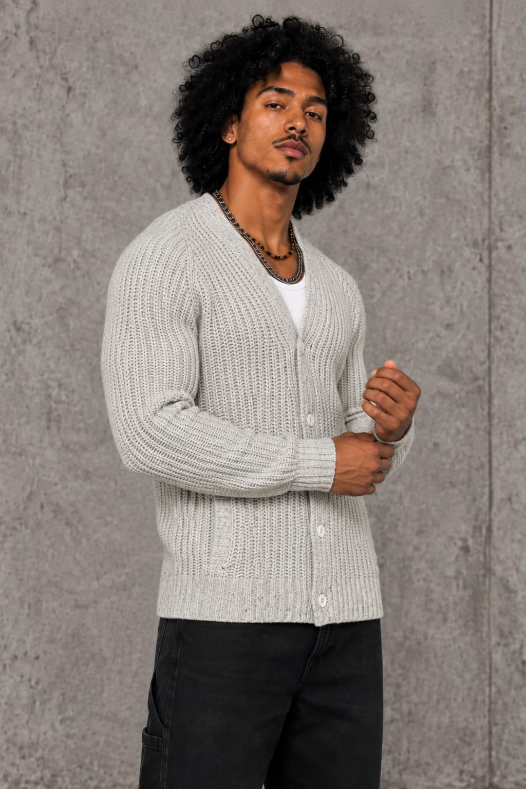 AI model photo - JACHS NEWYORK Ribbed Wool Cardigan Oat Cream J16C-732-OAT