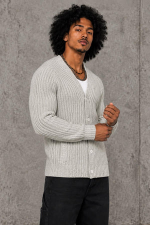 AI model photo - JACHS NEWYORK Ribbed Wool Cardigan Oat Cream J16C-732-OAT