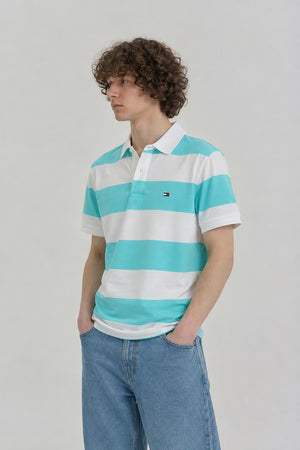 AI model photo - Tommy Hilfiger Men's Rugby Stripe Regular Polo Custom Fit T-Shirt Caribbean Blue 78J5019 331