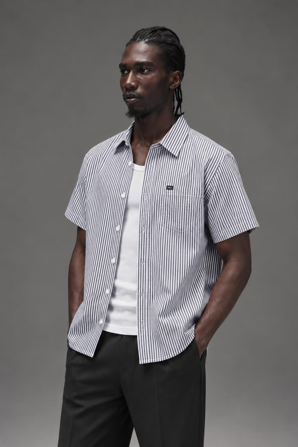 AI model photo - OBEY Trenton Short Sleeve Shirt Black Multi 181210114