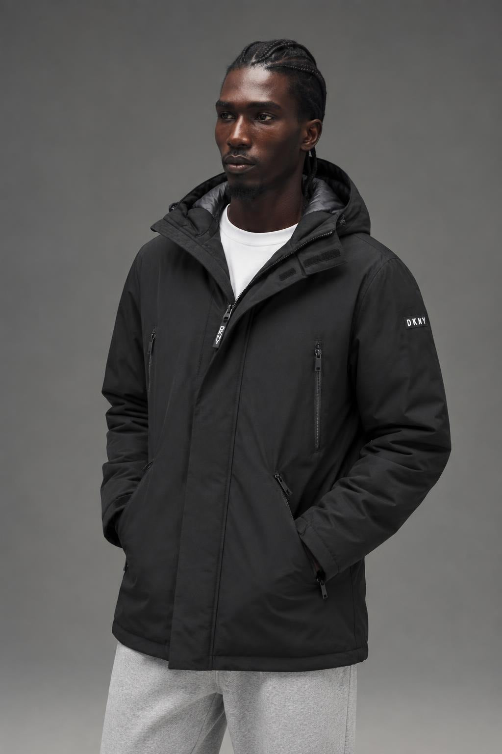 AI model photo - DKNY Men's Full Length Hooded Parka Black DX8OP195 K2