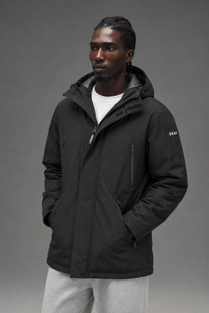 AI model photo - DKNY Men's Full Length Hooded Parka Black DX8OP195 K2