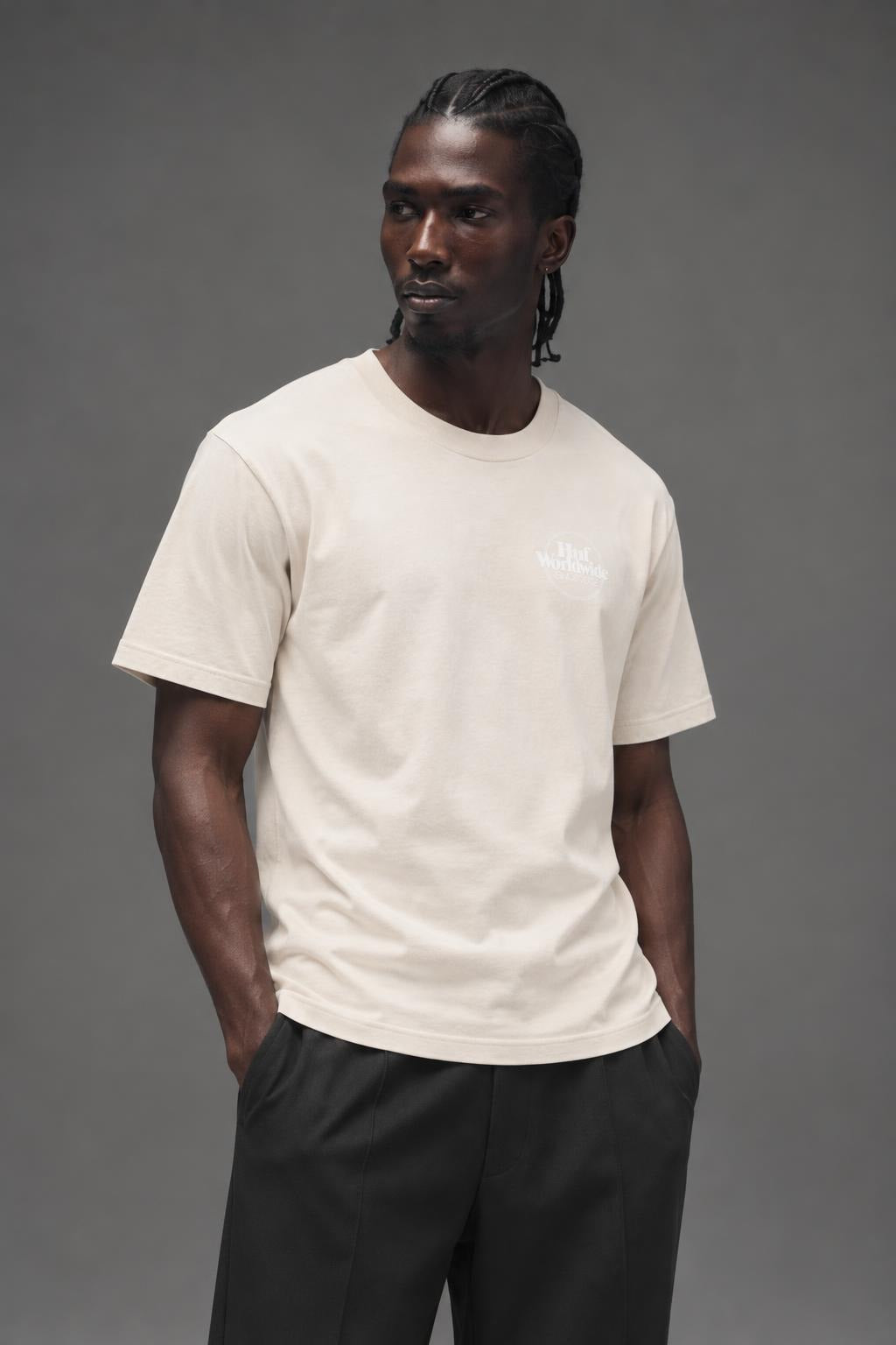 AI model photo - HUF Issues Logo Puff Short Sleeve Tee Unbleached TS01161