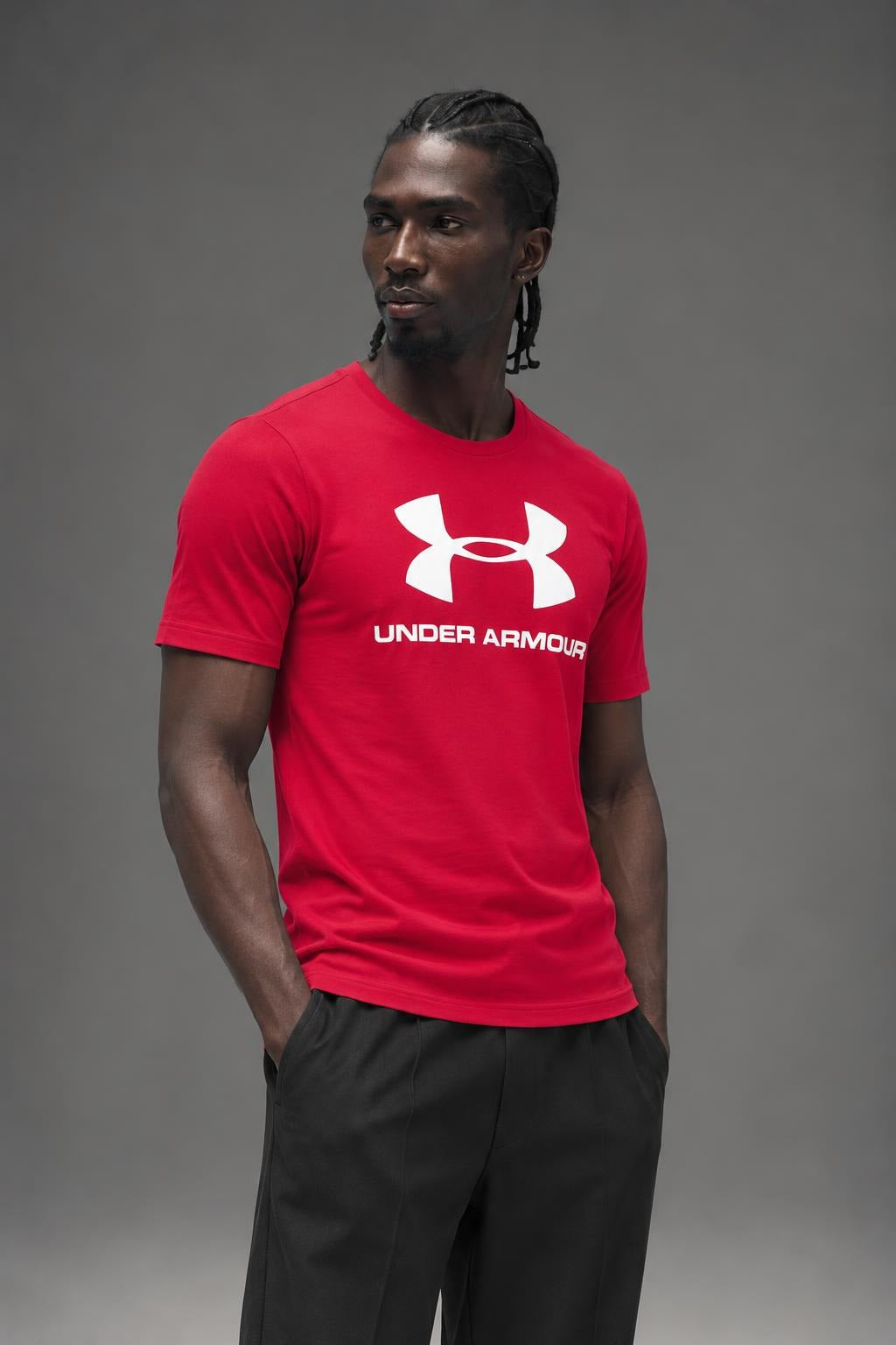 AI model photo - Under Armour Mens Sportstyle Logo T-Shirt Red/Steel/White 1257615-600