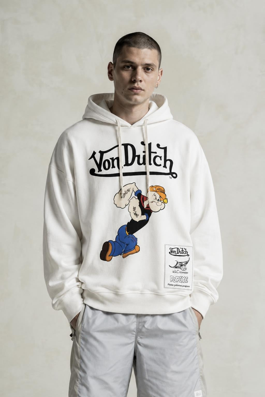 AI model photo - Von Dutch Mens Popeye Logo Cotton Fleece Hoodie Off White FM152V