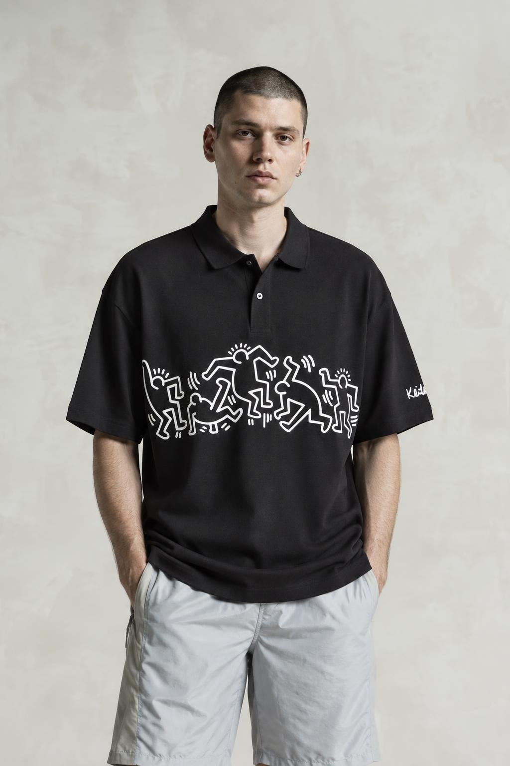 AI model photo - H&M Men's Keith Haring Printed Relaxed Fit Polo T-Shirt Black 1047104 001 H3