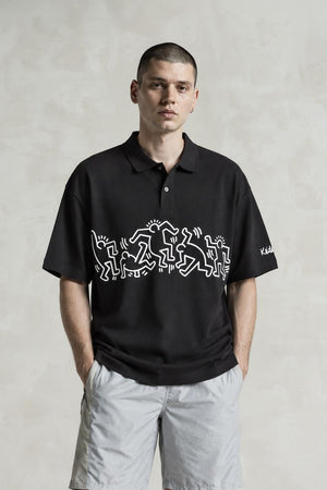 AI model photo - H&M Men's Keith Haring Printed Relaxed Fit Polo T-Shirt Black 1047104 001 H3