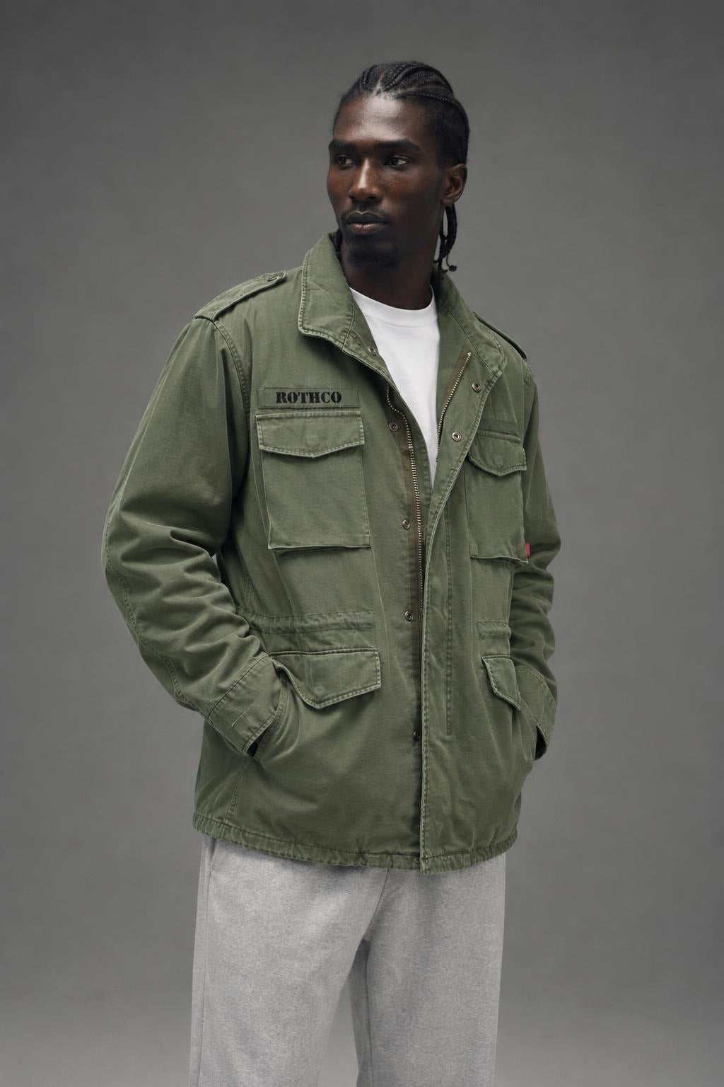 AI model photo - Rothco Vintage M-65 Field Jacket Olive Drab 8603
