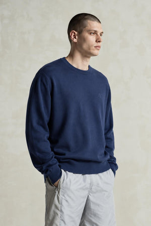 AI model photo - Calvin Klein Men's Supima Cotton Round Neck Mini CK Logo Knit Sweater Navy 40CP300 501 C2