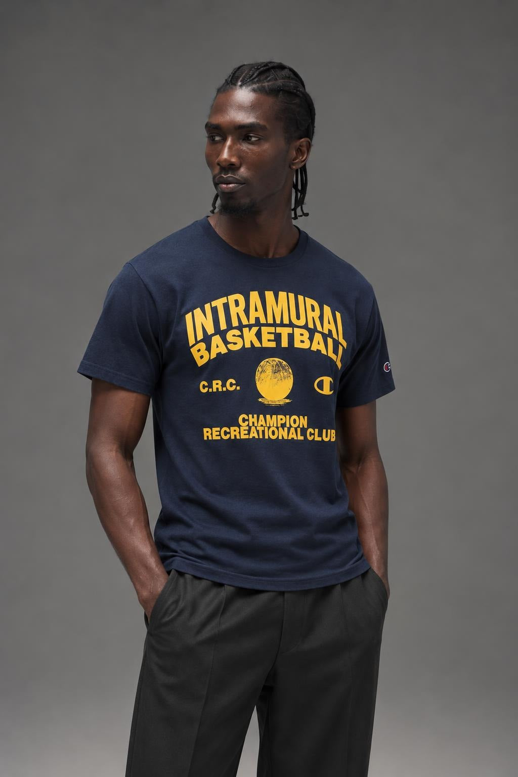 AI model photo - Champion Classic Graphic T-Shirt, Intramural Basketball Navy GT23H 586Q8B 031