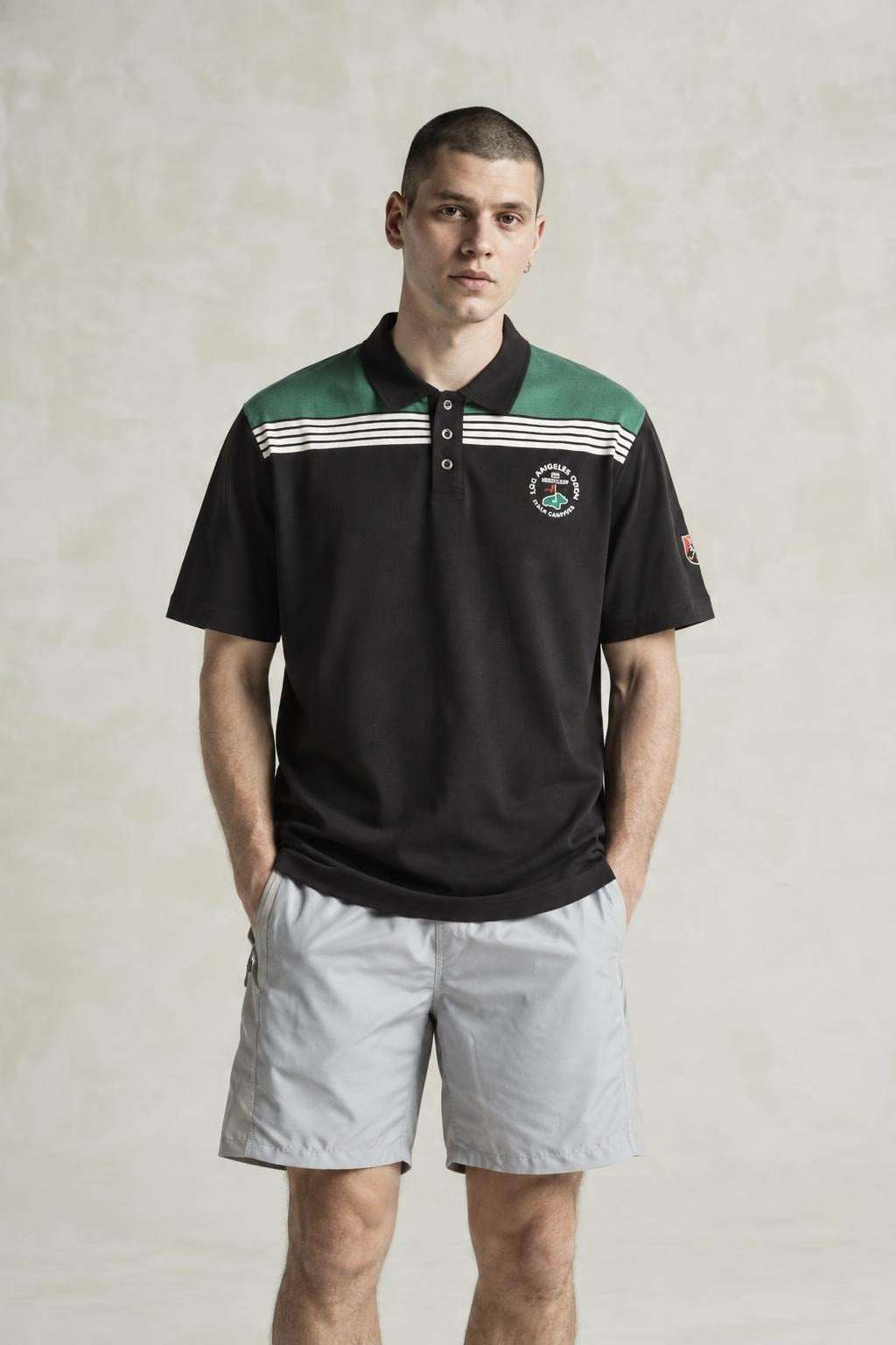 AI model photo - American Needle Red Jacket Men's LA Open Maverick Polo T-Shirts Black 19H009A-LAOPEN