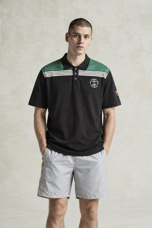 AI model photo - American Needle Red Jacket Men's LA Open Maverick Polo T-Shirts Black 19H009A-LAOPEN