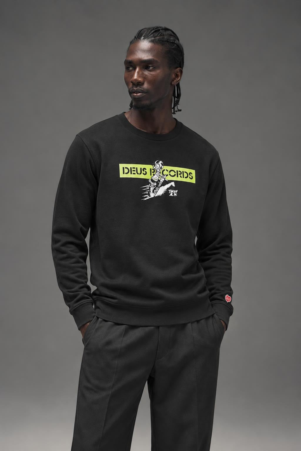 AI model photo - Deus Street Skronk Crew Tee Black DMP208428