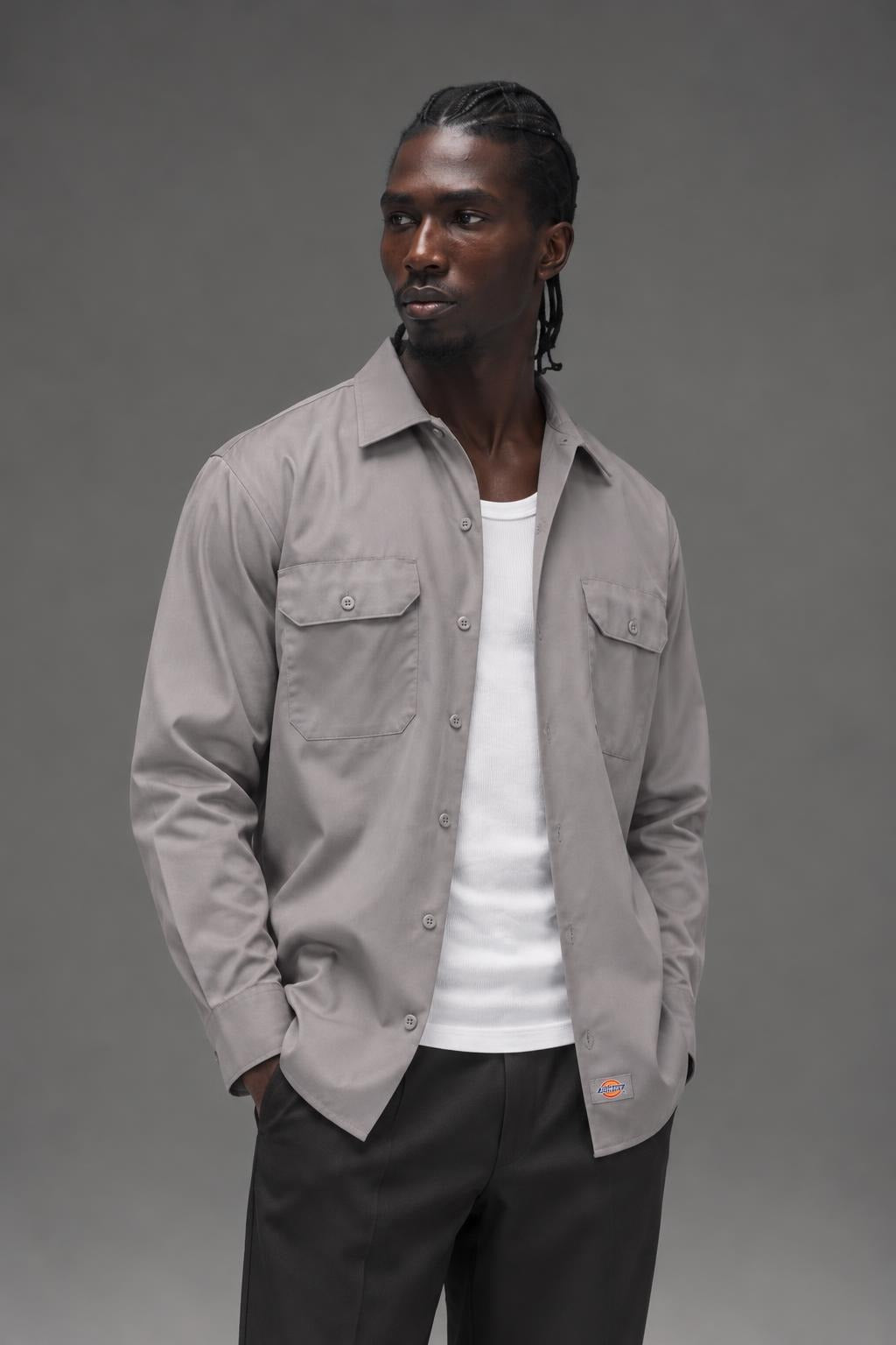 AI model photo - Dickies Men's Long Sleeve Work Shirt Silver 574SV