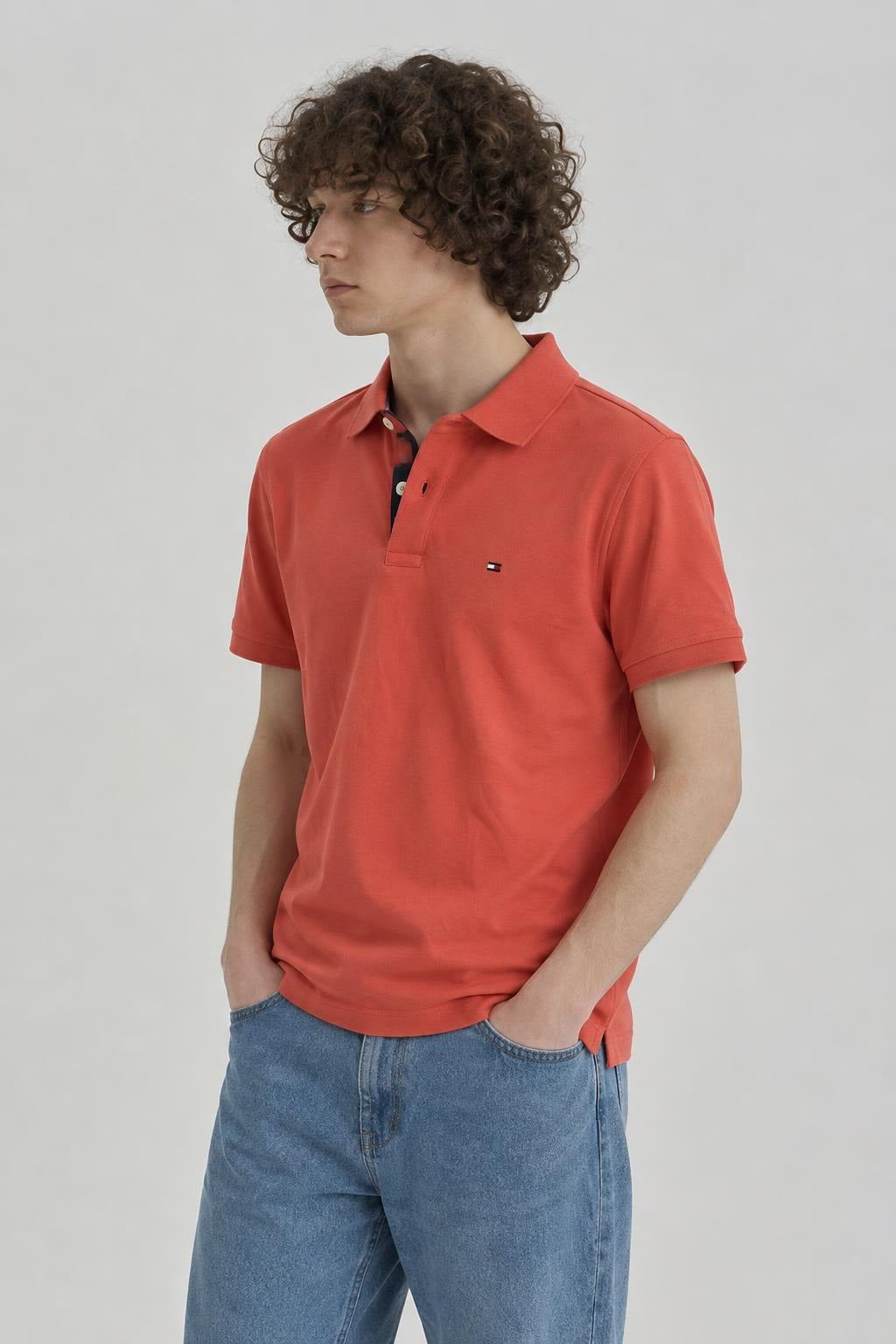 AI model photo - Tommy Hilfiger Men's Justin Short Sleeve Polo Custom Fit T-Shirt Orange Zing 78J4142 661