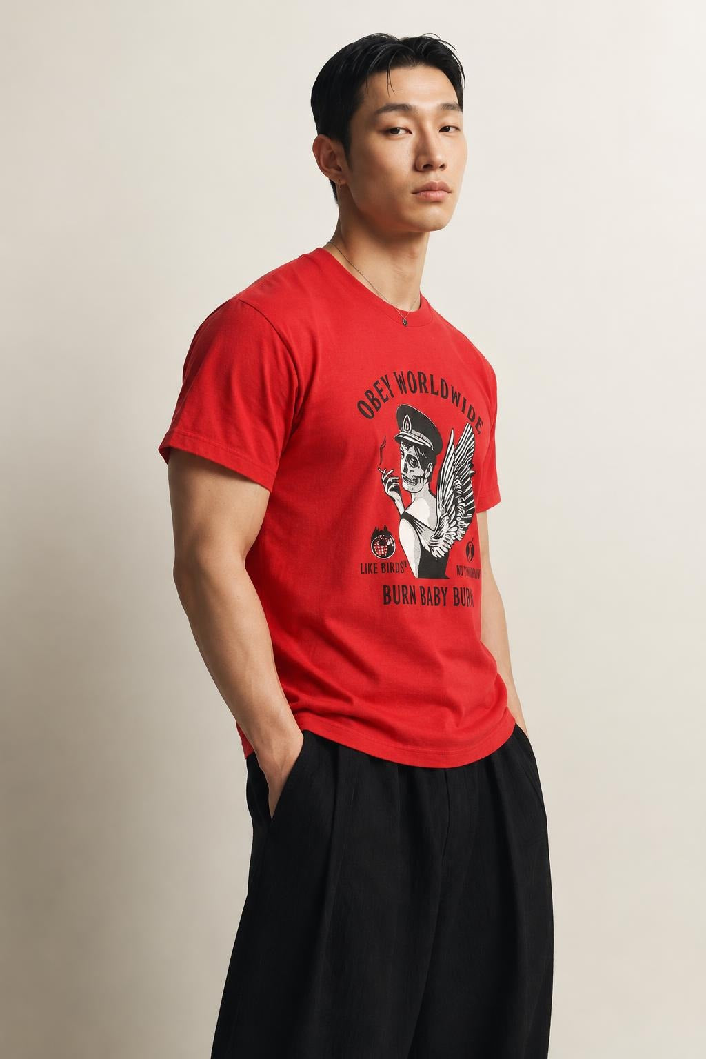 AI model photo - OBEY Burn Baby Burn Sustainable T-Shirt Red 267291976
