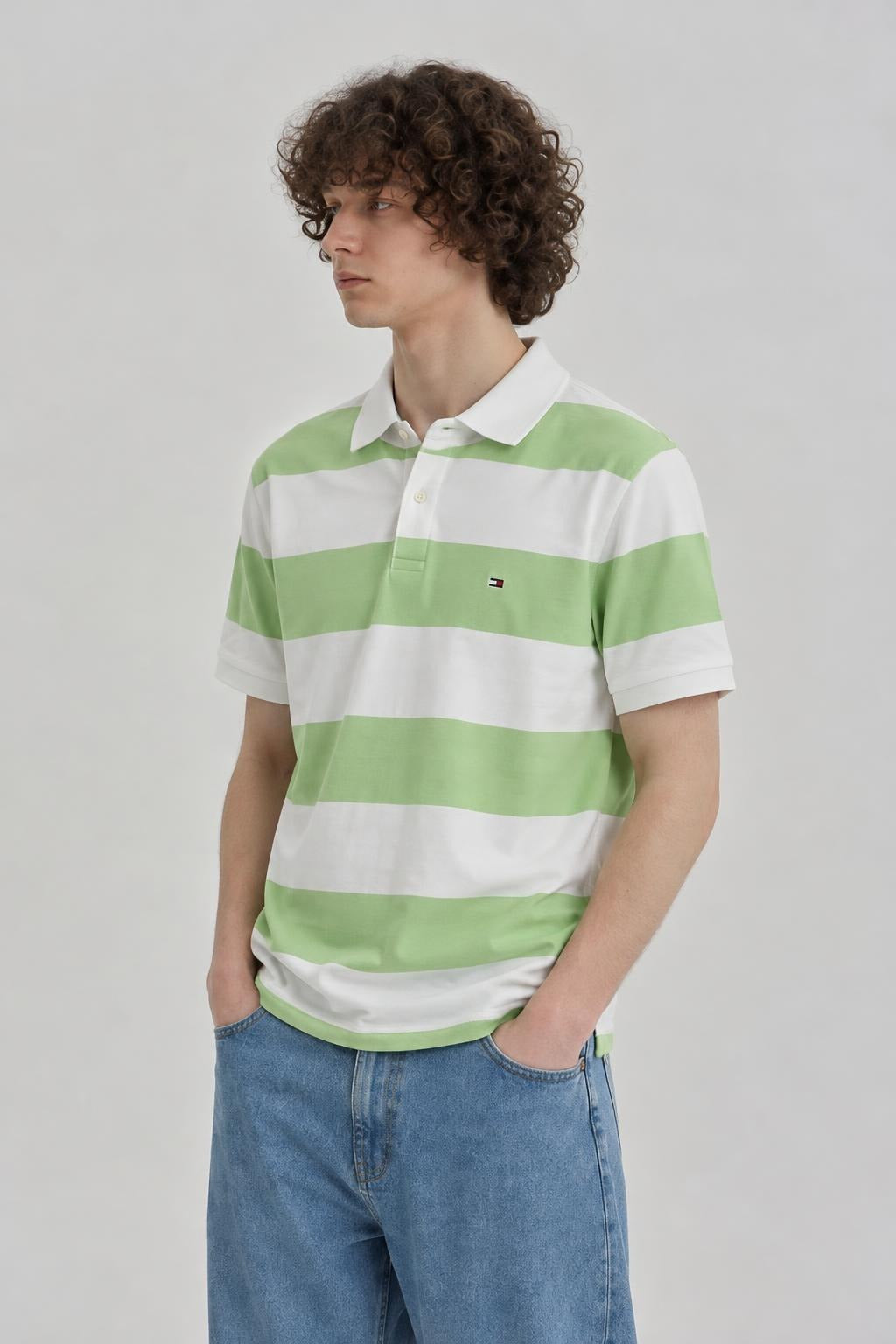 AI model photo - Tommy Hilfiger Men's Rugby Stripe Regular Polo Custom Fit T-Shirt Deep Sea Lime 78J5019 342