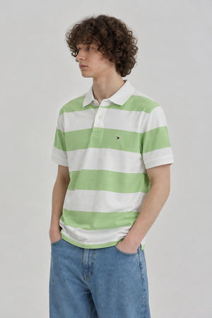AI model photo - Tommy Hilfiger Men's Rugby Stripe Regular Polo Custom Fit T-Shirt Deep Sea Lime 78J5019 342