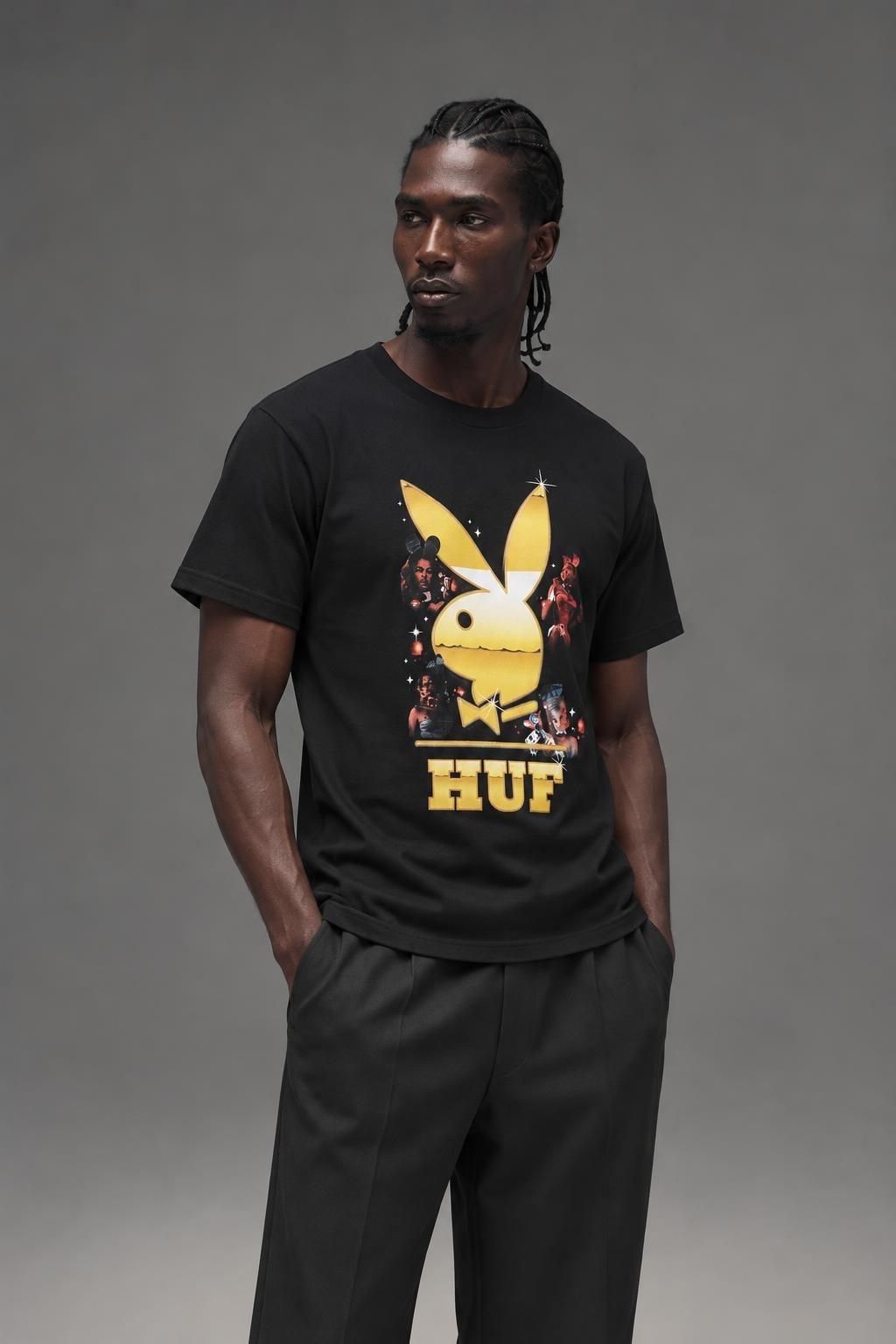 AI model photo - HUF X Playboy Club Tour Short Sleeve Tee Black TS01465