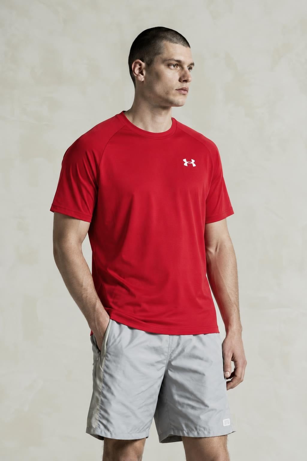AI model photo - Under Armour Mens Tech Short Sleeve T-Shirt Red/White 1228539-600